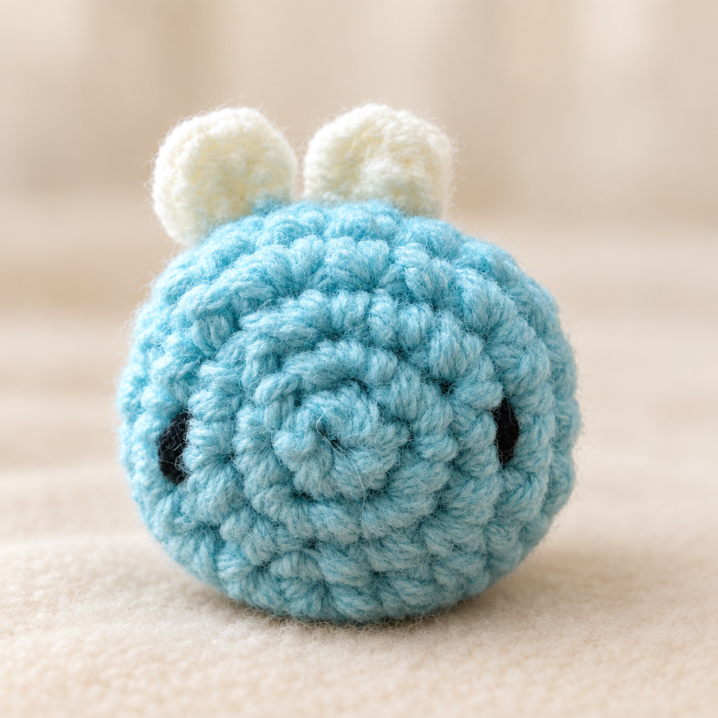 Blue crocheted bee plush close-up on a soft neutral background