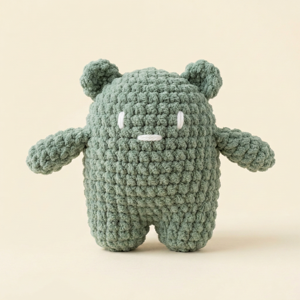 Green bear with corrected stitched eyes