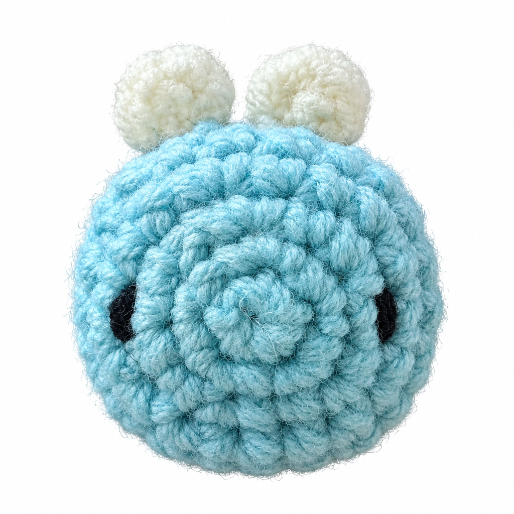 Crocheted bear plush front view, white background
