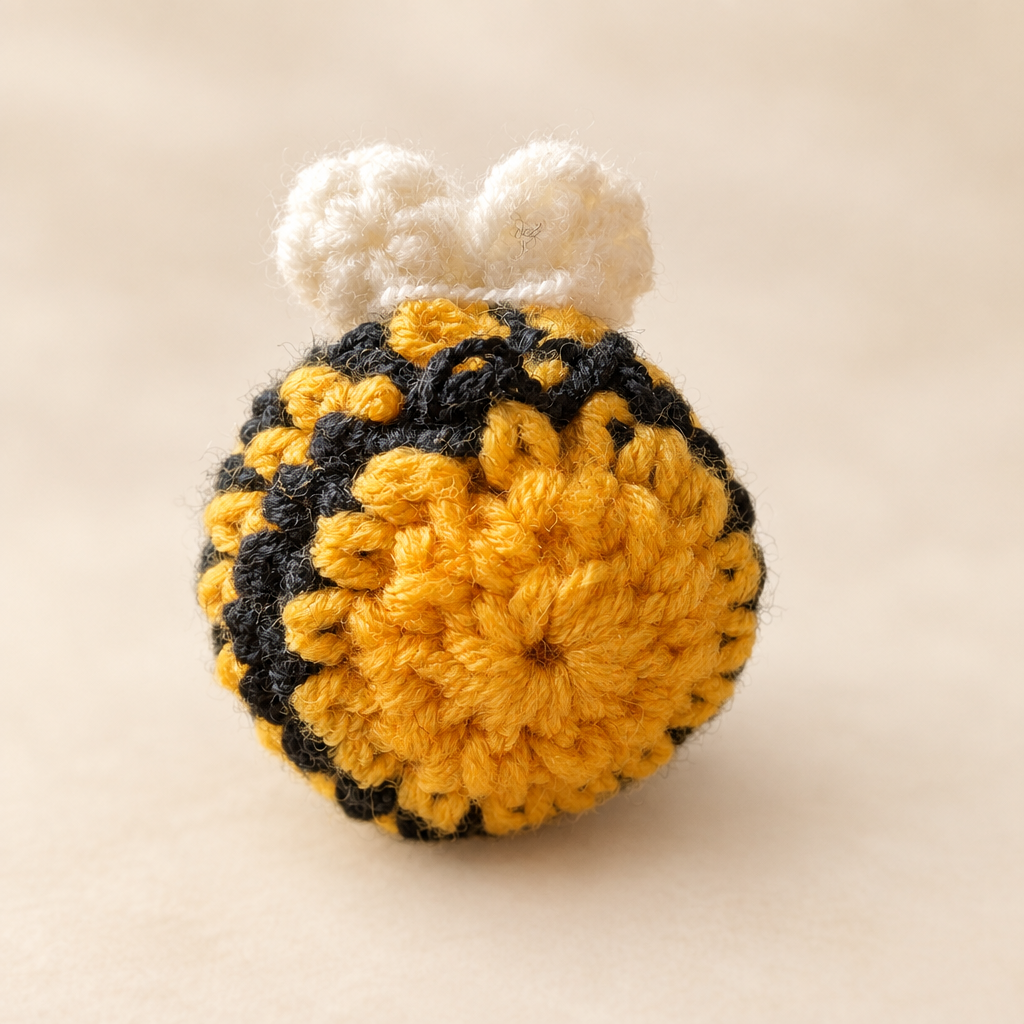 Yellow crocheted bee plush from the back on a soft neutral background