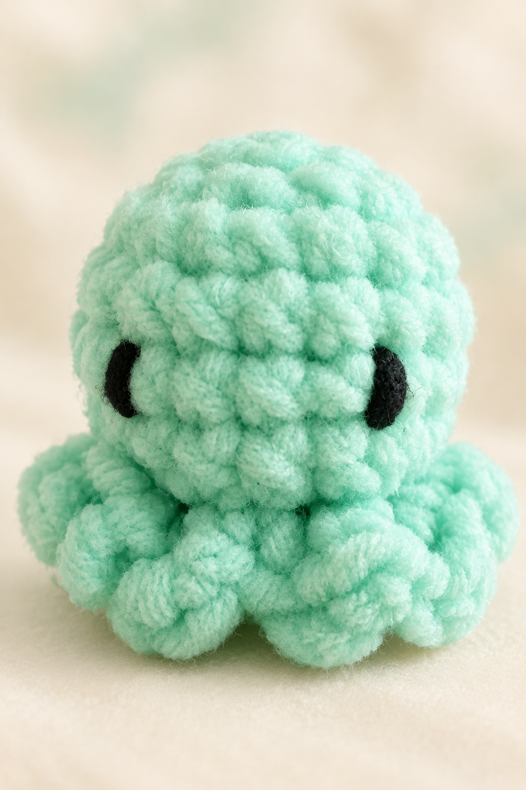 Mint crocheted octopus plush with soft studio background