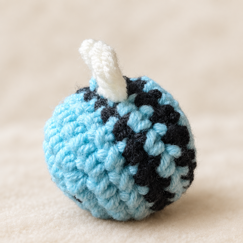 Blue crocheted bee plush back view on a soft neutral background