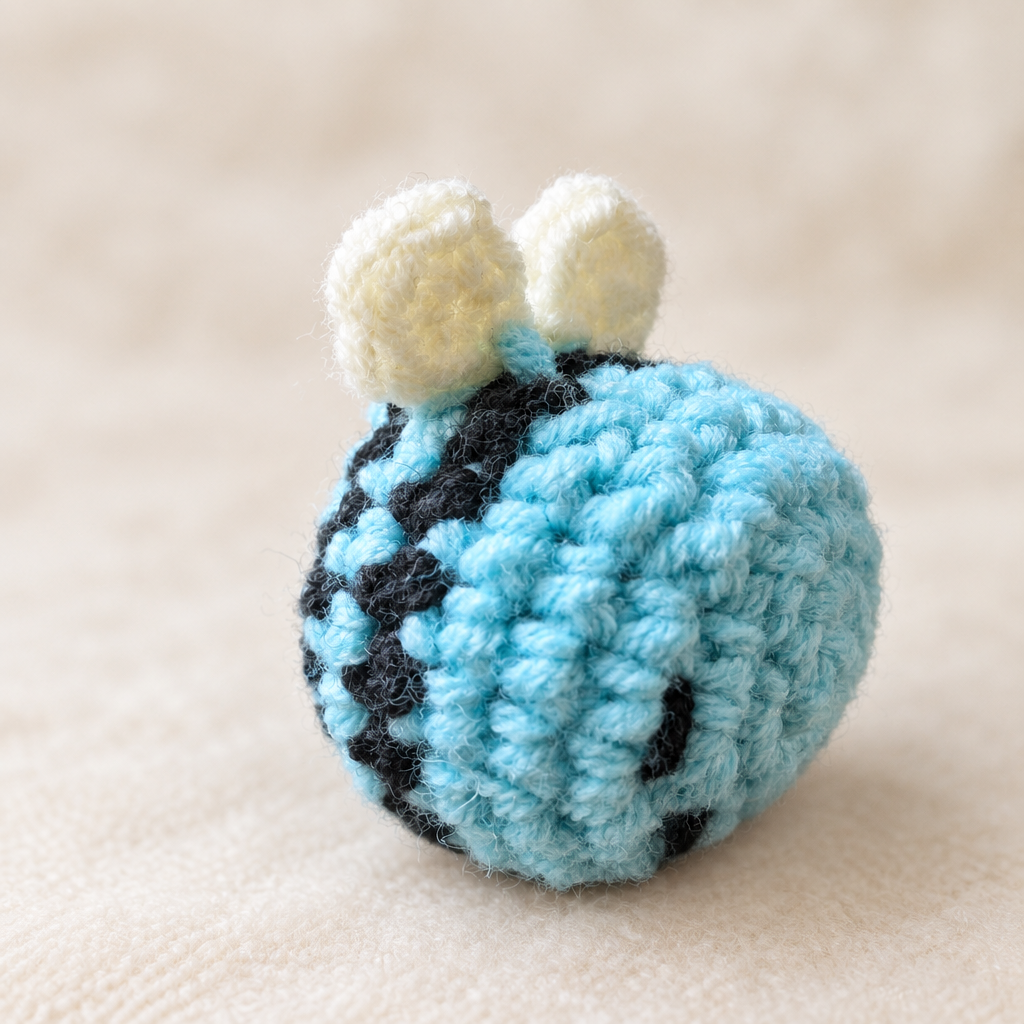 Blue crocheted bee plush side view on a soft neutral background