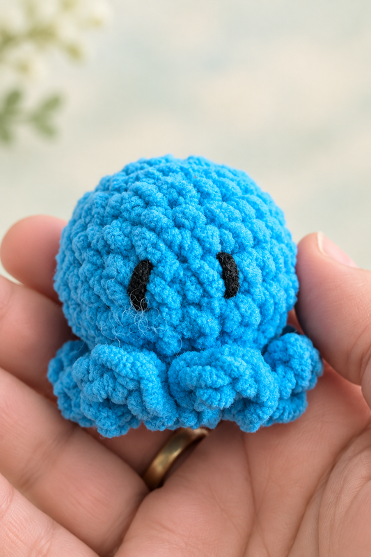 Blue crocheted octopus plush with soft studio background