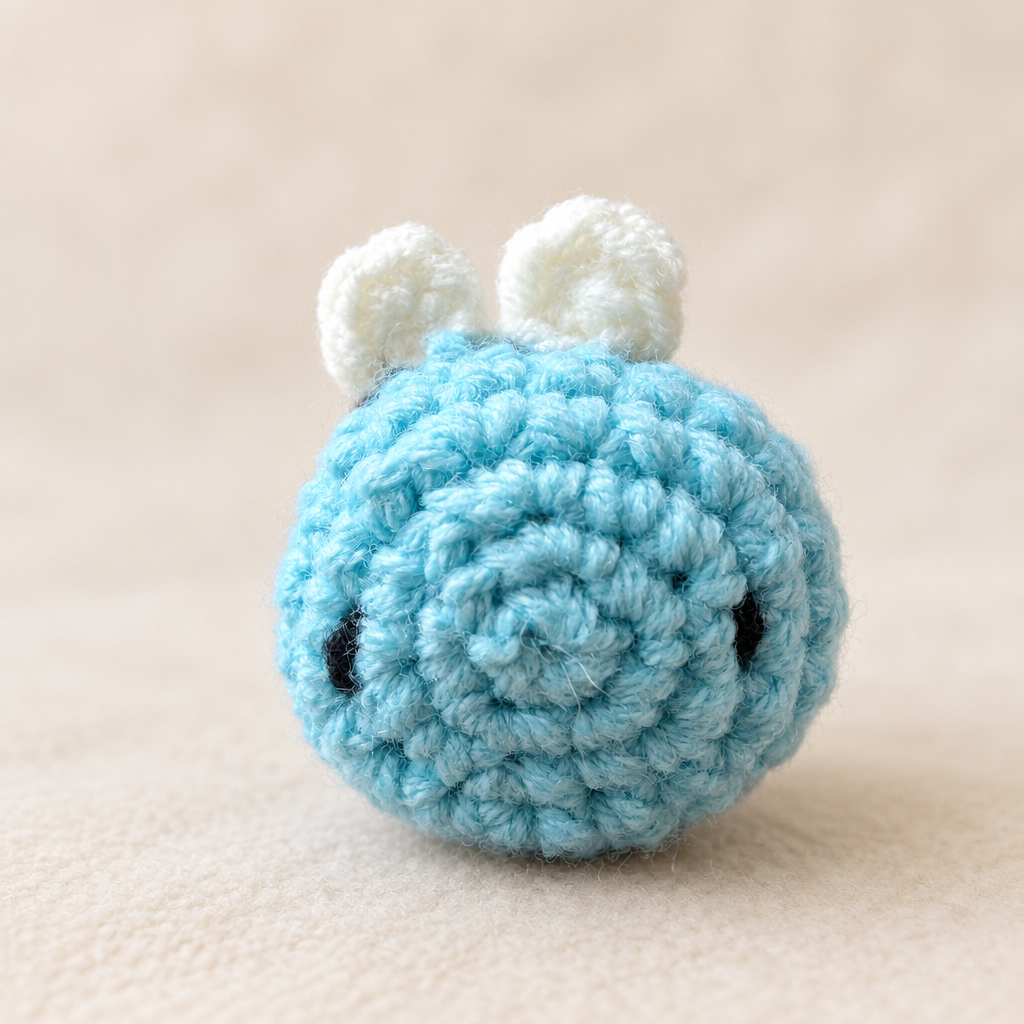 Blue crocheted bee plush front view on a soft neutral background