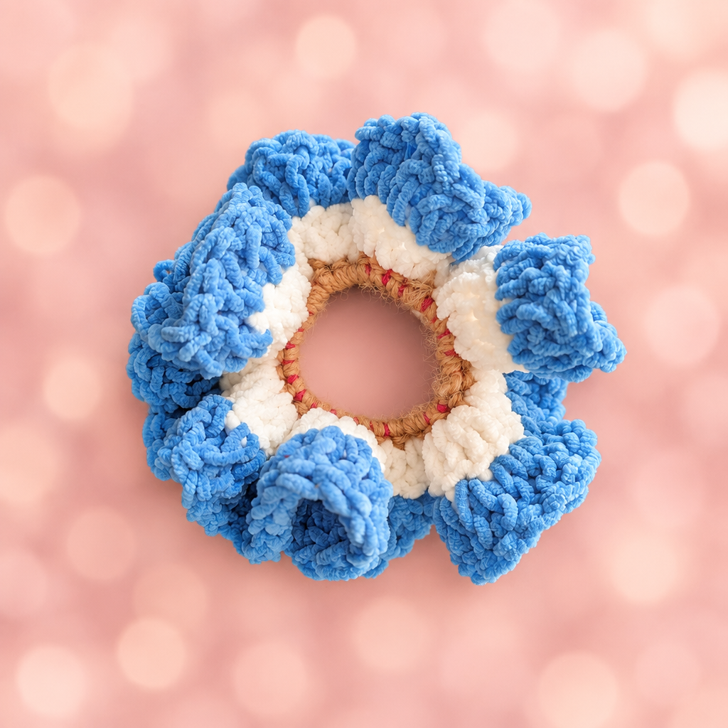 Crocheted blue and white flower hair scrunchie on pink background