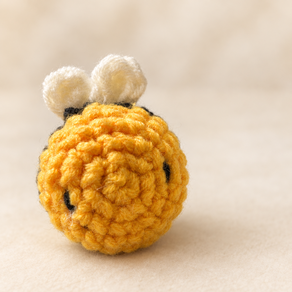 Yellow crocheted bee plush on a soft neutral background